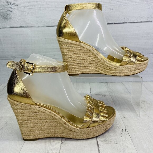 Michael Kors BELLA Gold Metallic Leather Ruffle Jute Platforms Sandals Sz 9 M 39 - Picture 5 of 12